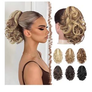FESHFEN Ponytail Extensions, Brown & Blonde Claw Clip Ponytails Extension Curly
